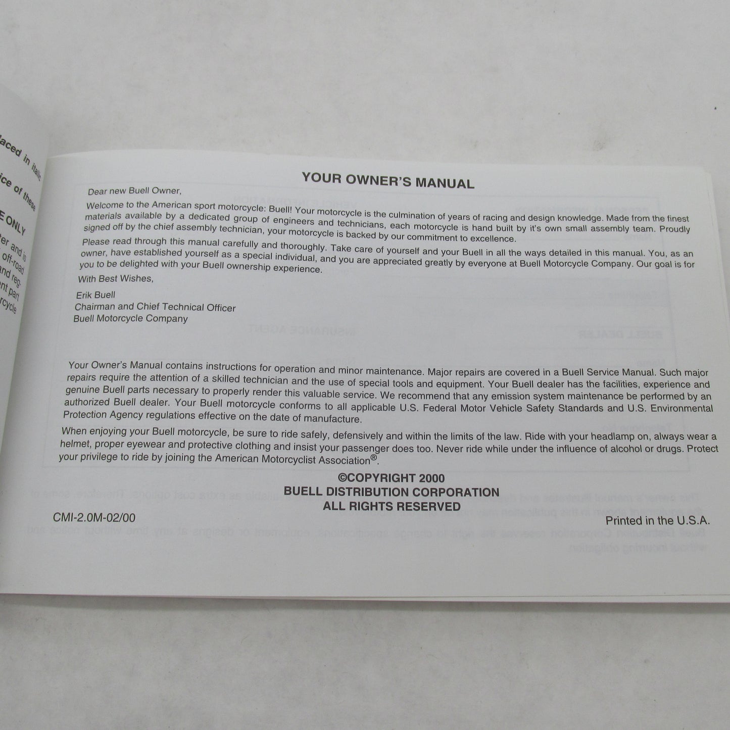 Buell Blast 2000 Owner's Manual Official Factory Manual 99476-00Y