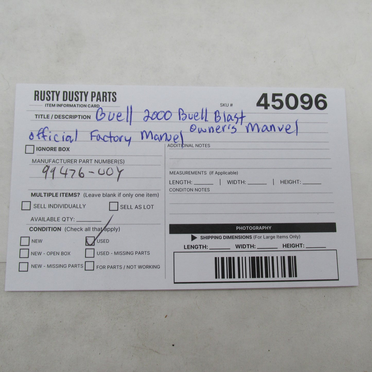 Buell Blast 2000 Owner's Manual Official Factory Manual 99476-00Y