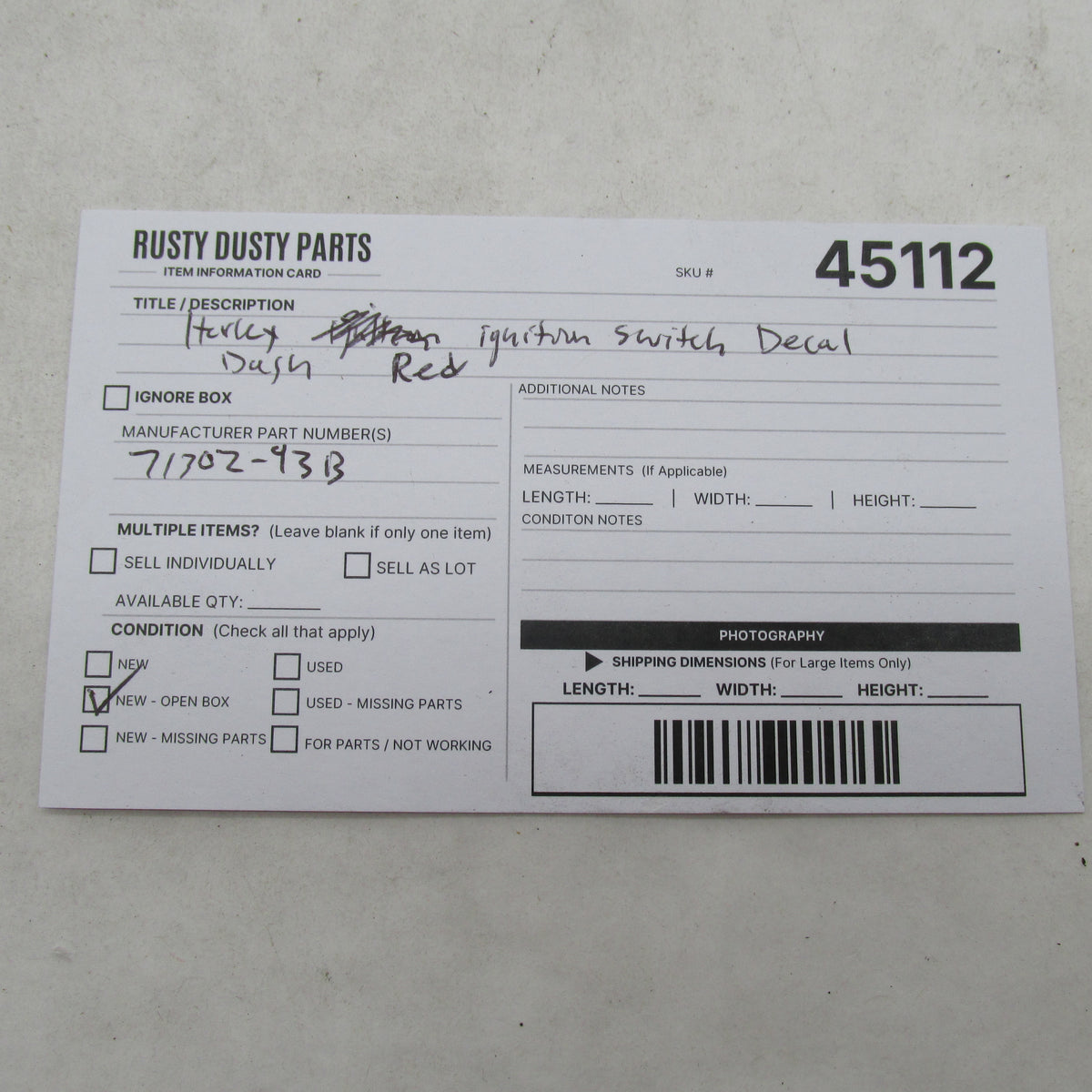 Harley Davidson OEM Red Ignition Switch Dash Decal (New open box)