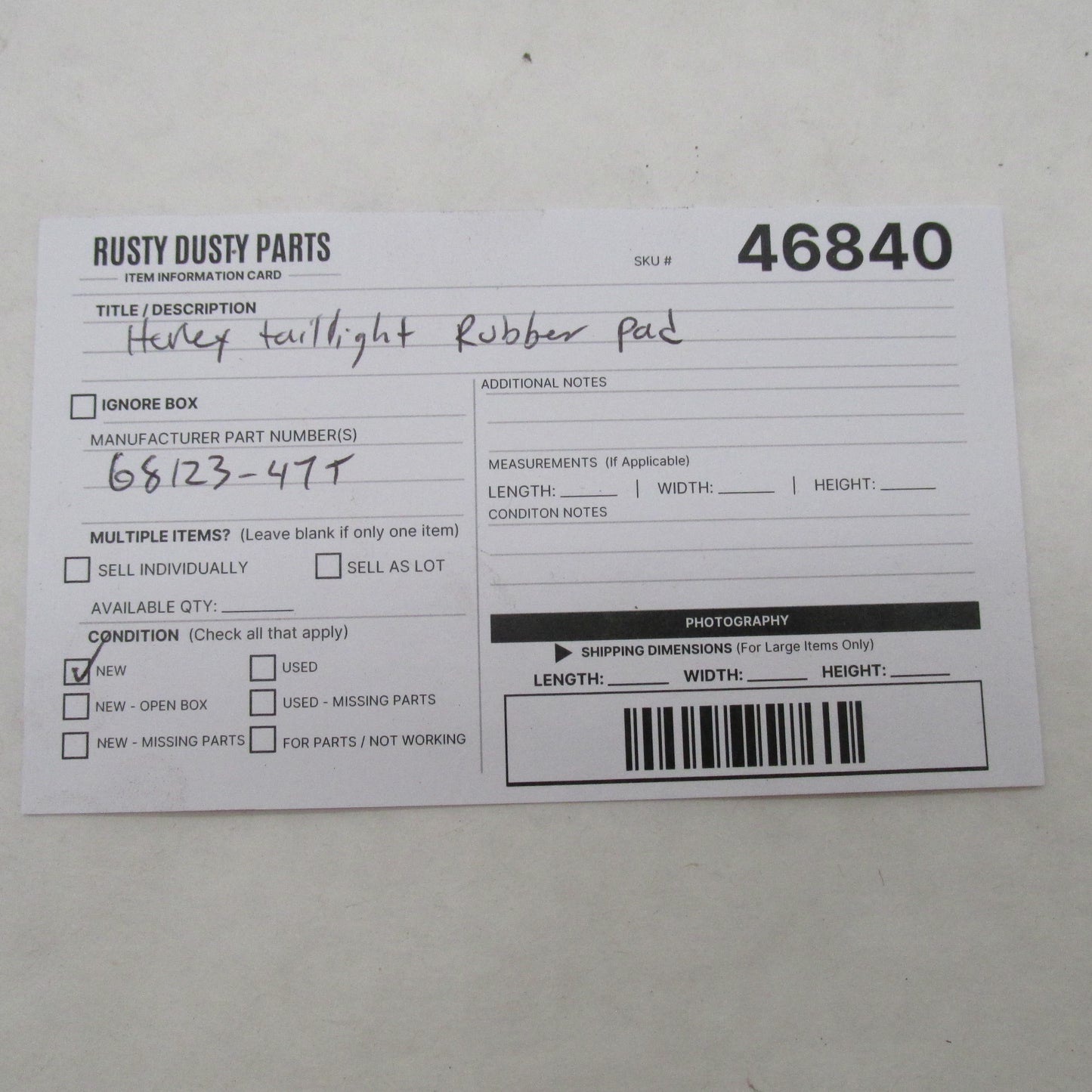 Harley Davidson OEM NOS Tail Light Rubber Pad 1947-1954 68123-47T