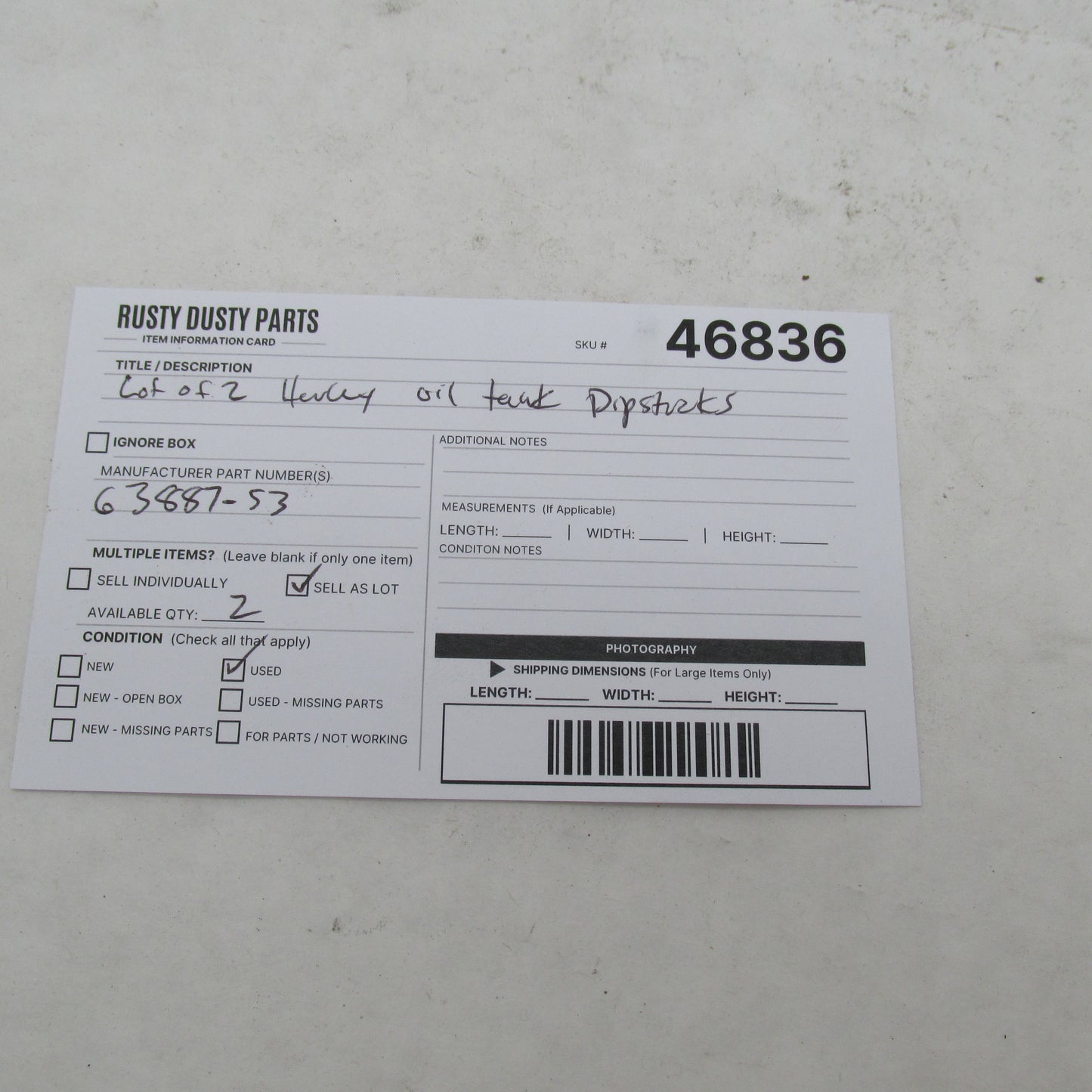 Lot of 2 Harley Davidson OEM Oil Tank Dipsticks Level Gauges 63887-53