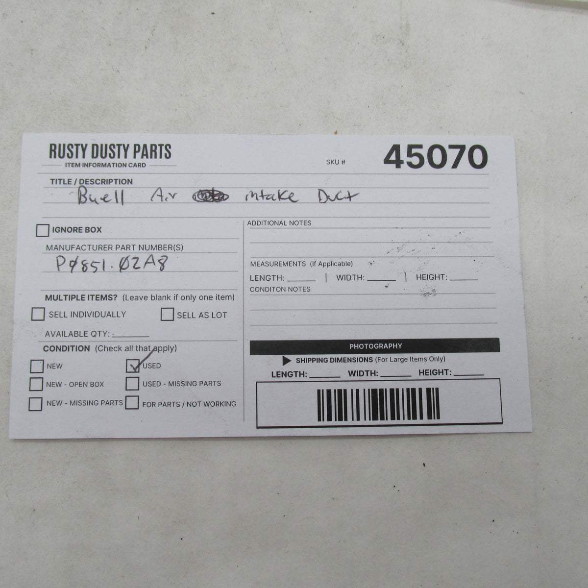 Buell S3 1200 Thunderbolt 99-99 Airflow Intake Tube Filter Housing