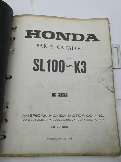 Honda Official Factory 1973 SL100-K3 1st Edition Service Parts Catalog