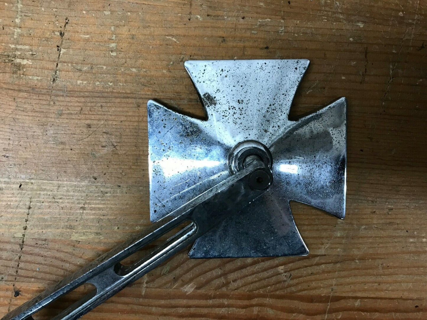 Chrome Maltese Mirror Slotted Stem Left Side Harley Used Old School Patina