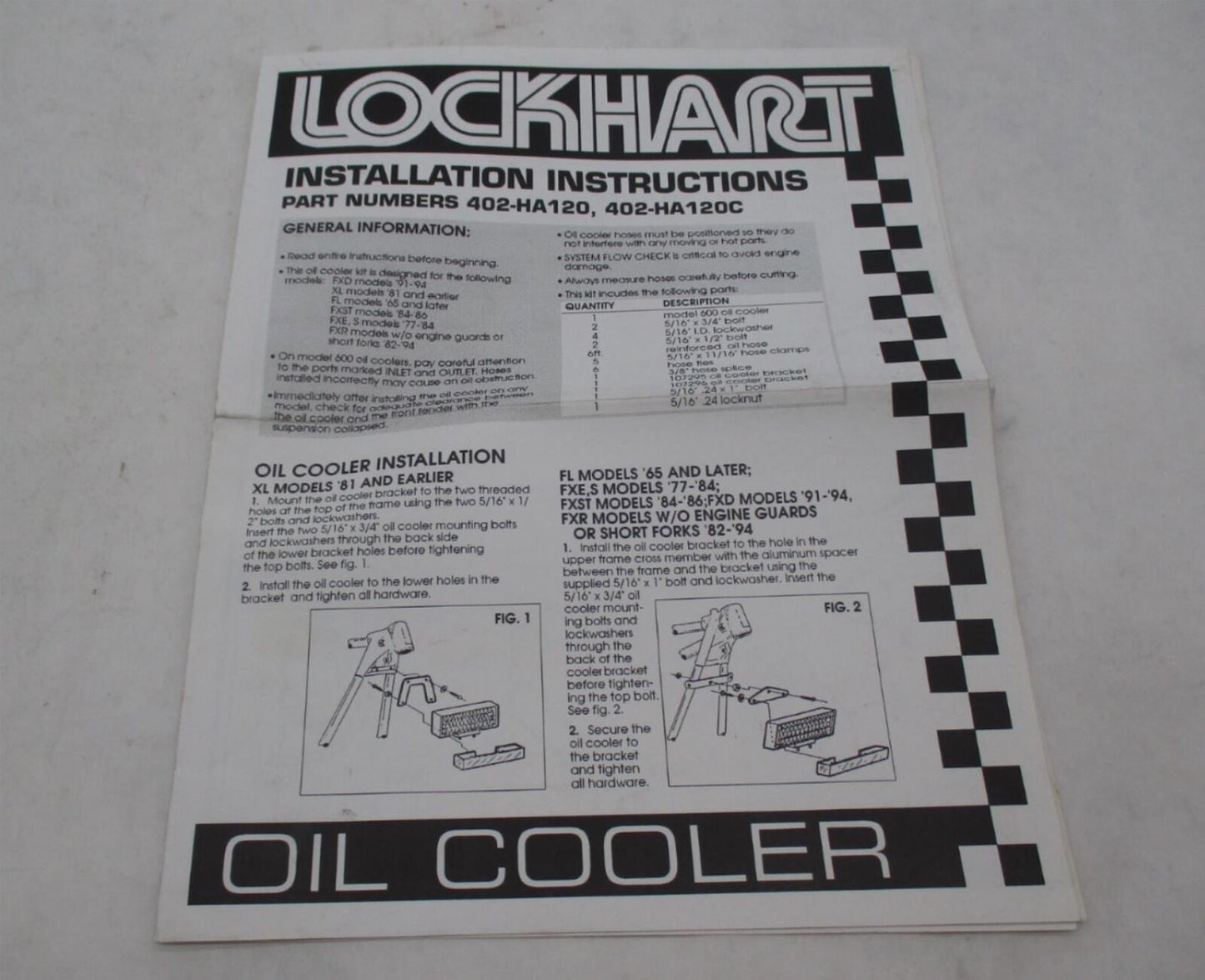 Harley  Lockhart Oil Cooler Installation Instructions 402-HA120 402-HA120C