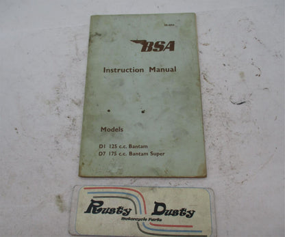 Vintage Original BSA D1 125cc D7 175cc Bantam Bantam Super Instruction Manual