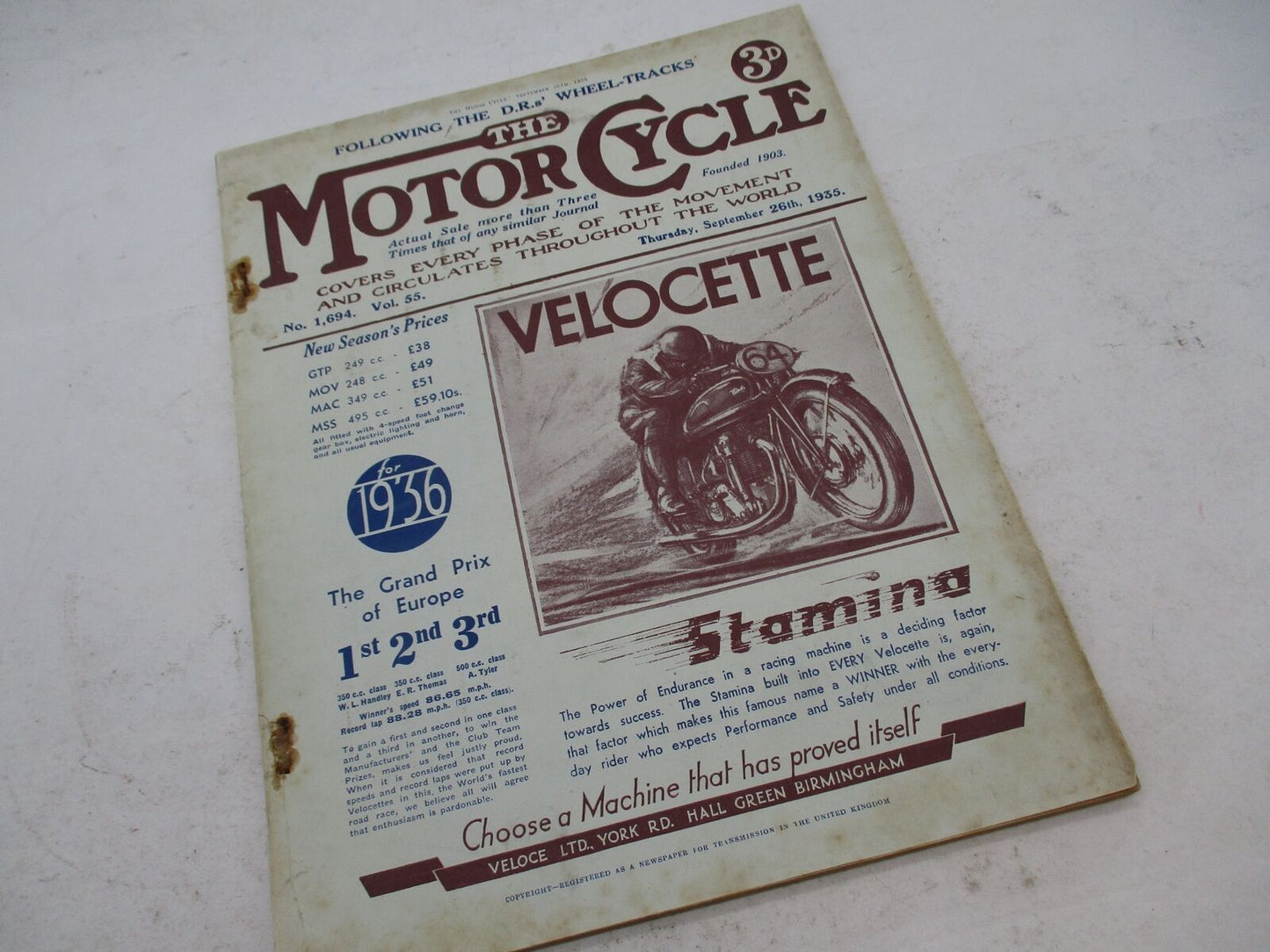 Vintage Original MotorCycle Magazine Velocette Vol. 55 1935