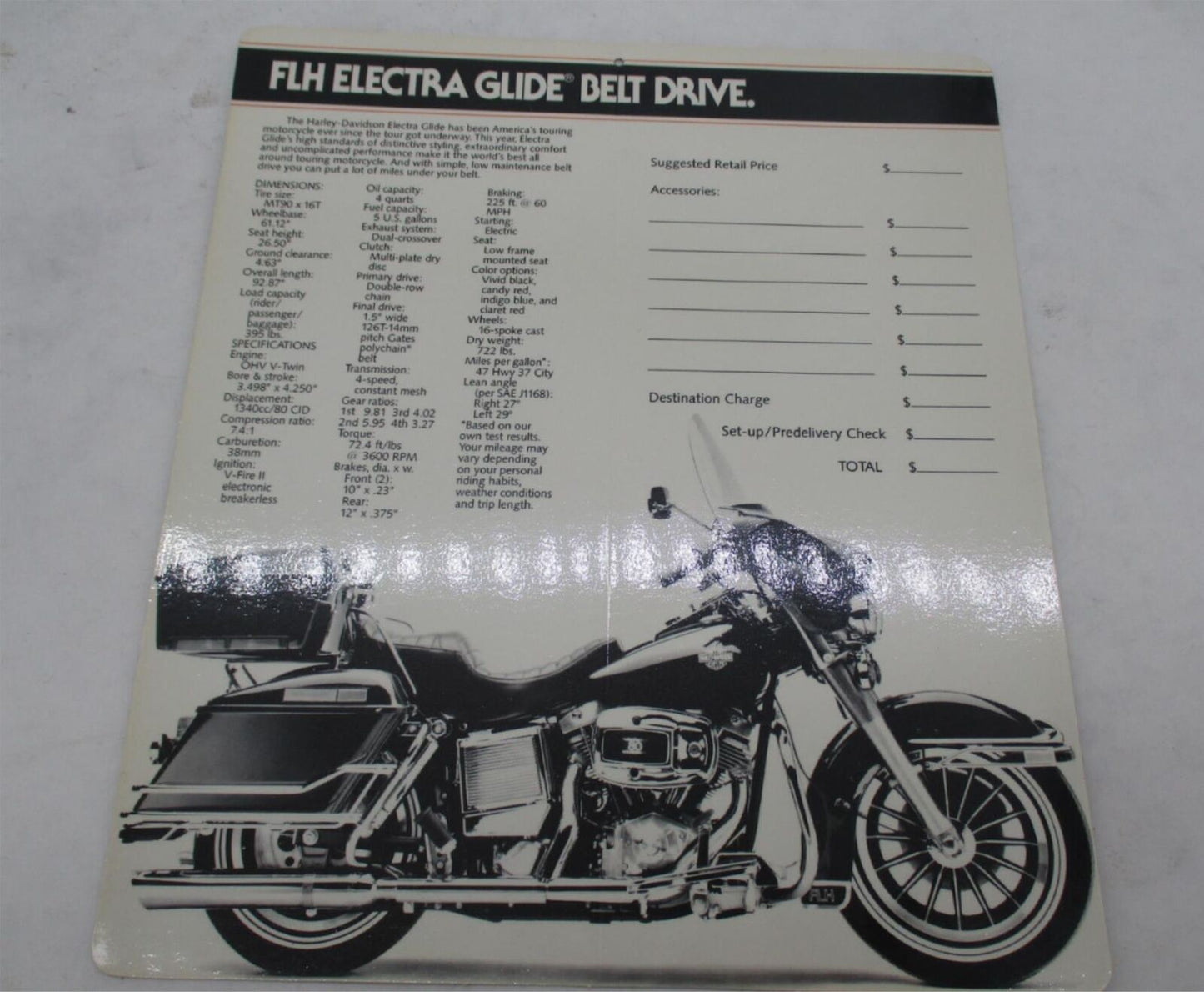 Harley Davidson Laminated FLHT Electra Glide Dealer Sticker Price Spec Card
