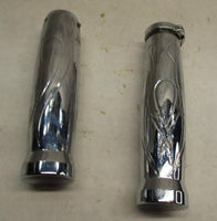 Harley Pair of Chrome Metal Flame Handle Bar Grips Throttle Chopper Custom