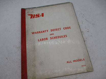 Original BSA Warranty Defect Code and Labor Schedules Book 00-5199