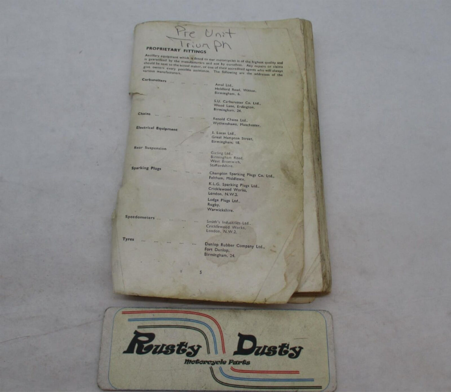 Vintage Worn Triumph Pre Unit Manual Book Missing Cover & Other Pages