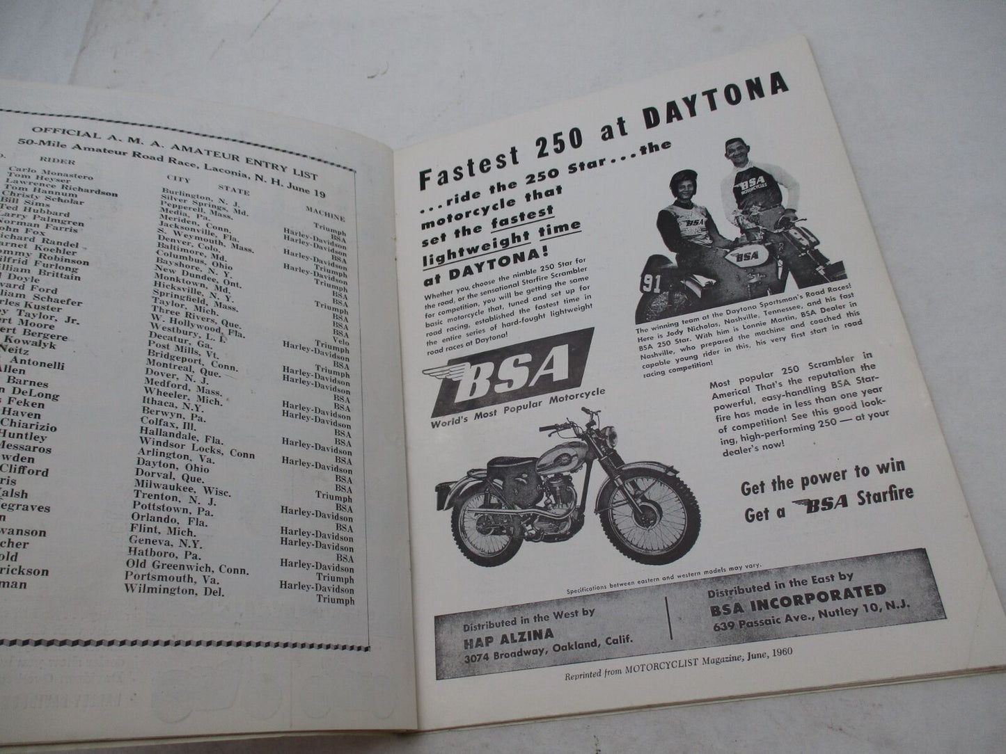 Vintage 40th Annual 1960 New England Gypsy Tour Motorcycle Road Races Program