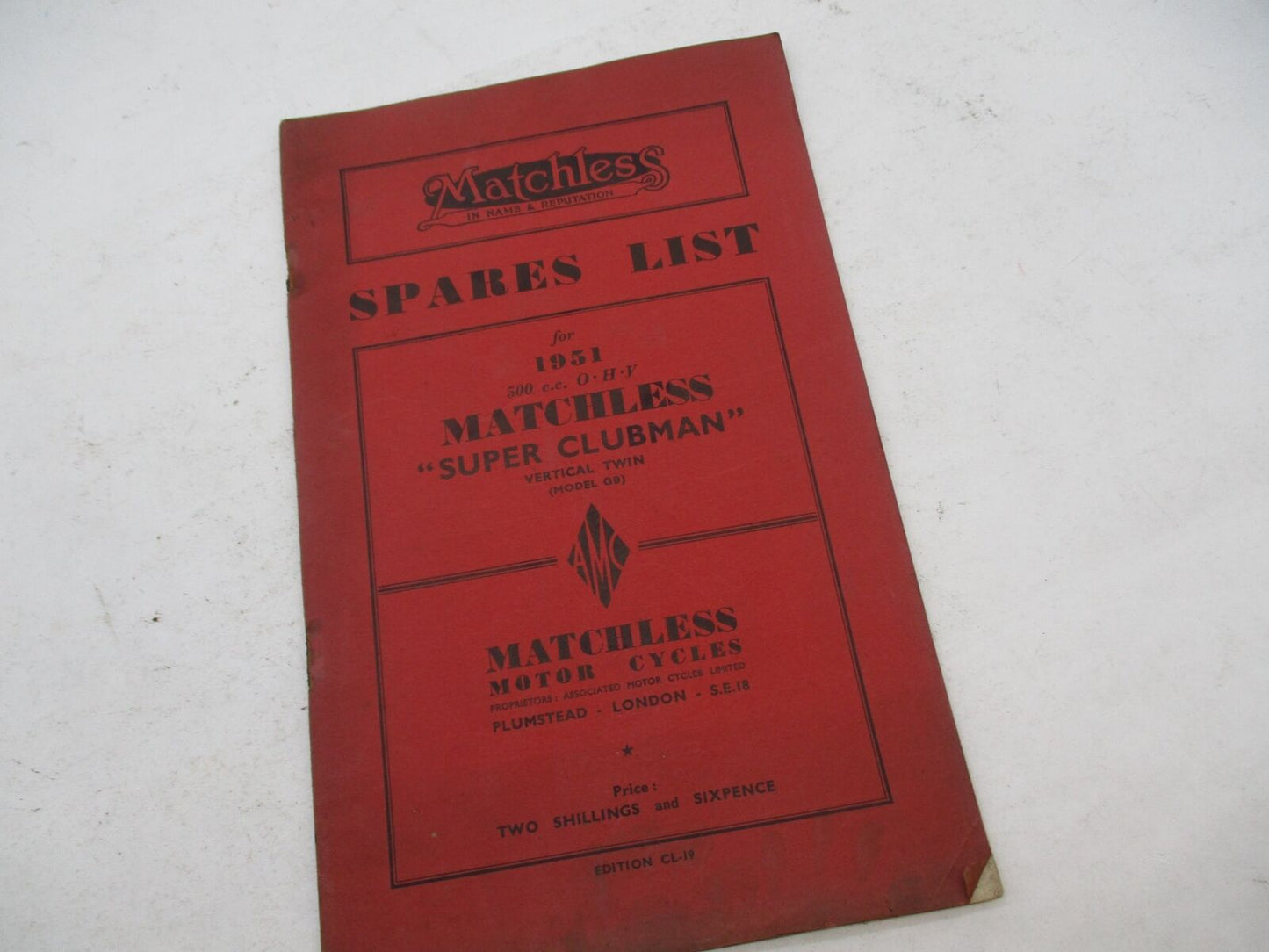 Matchless 1951 500cc Super Clubman Vertical Twin Spares List Parts Catalog