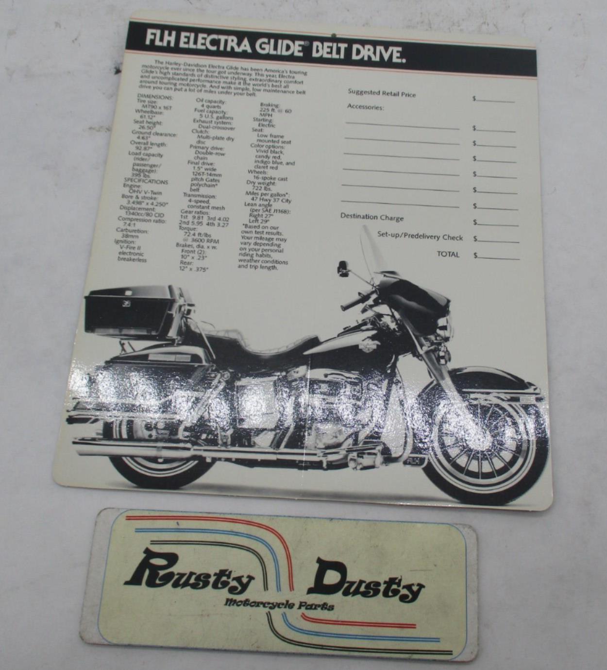 Harley Davidson Laminated FLHT Electra Glide Dealer Sticker Price Spec Card