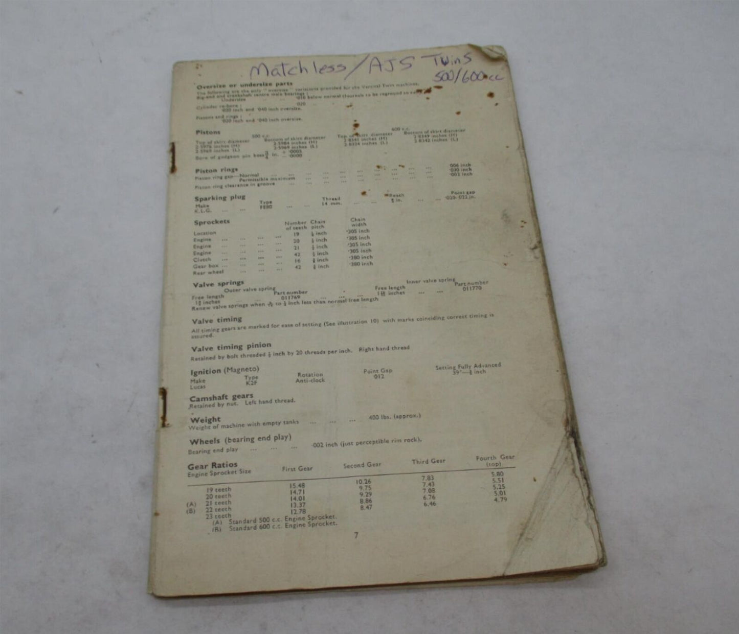 Vintage Matchless AJS 500 / 600 cc Shop Owners Manual Book Missing Cover