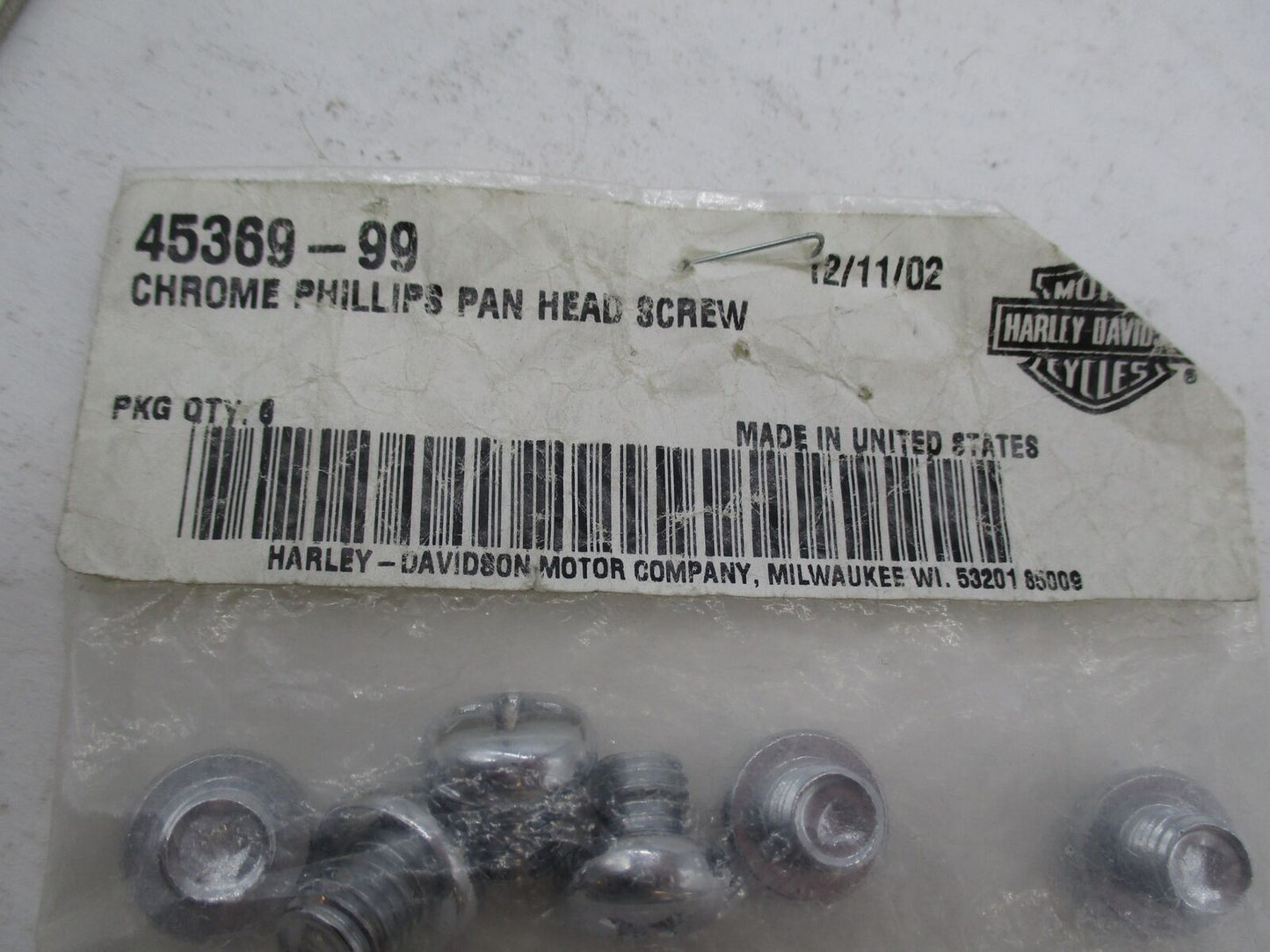 Pack of 6 Harley Davidson Genuine NOS Chrome Phillips Panhead Screws 45369-99