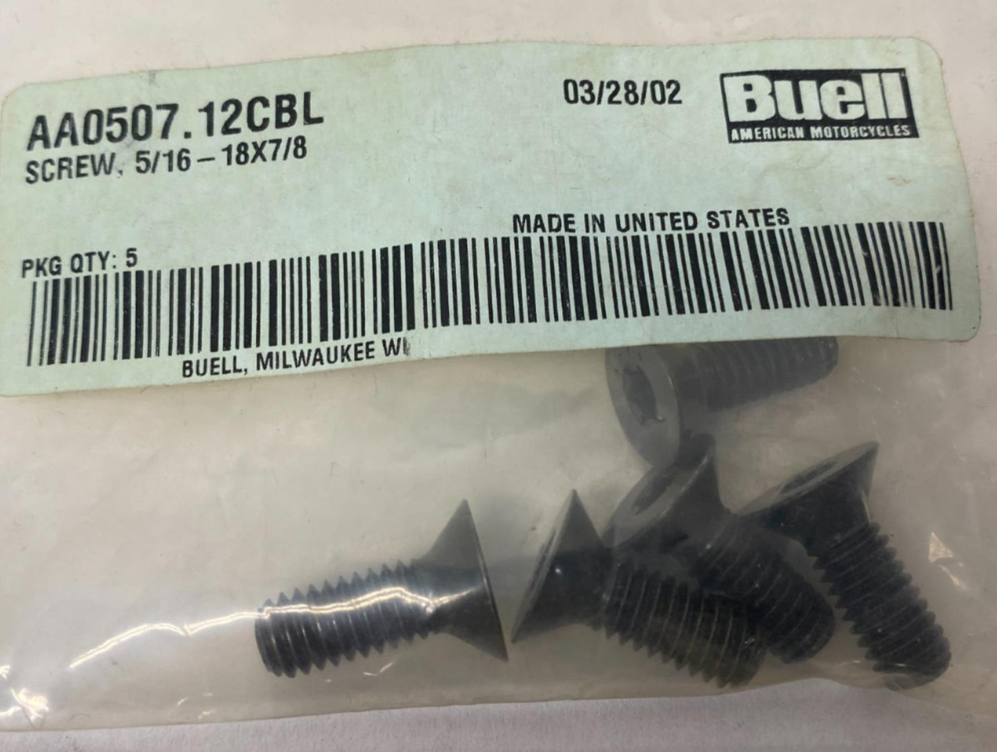 Harley Buell Genuine Screws Lot (5) 5/16"-18 X 7/8" AA0507.12CBL