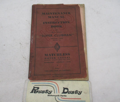 Matchless 1950 500cc Super Clubman Vertical Twin Maintenance Manual Book