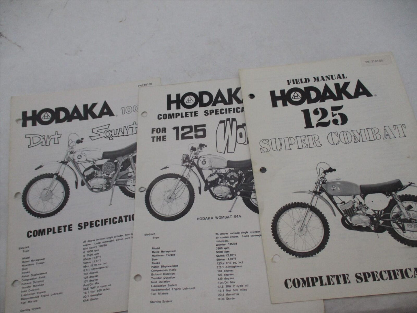 Lot of 3 Hodaka Specification Books Super 125 Combat Wombat Dirt Squirt 100