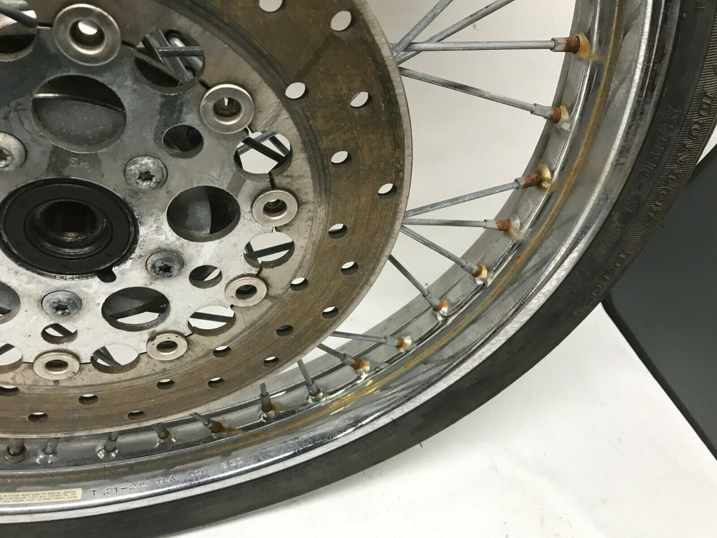 Harley Dyna 21in Front Wheel Rim T21-2.15 TLA w/ Tire & Rotor 44138-95  **BENT**