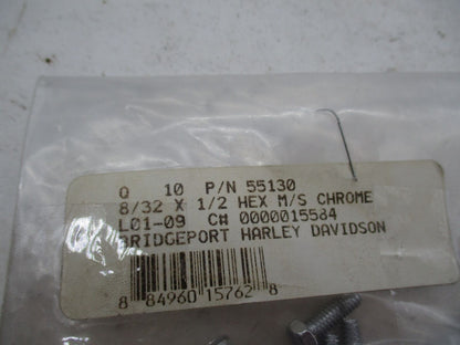 Lot of 10 Harley Davidson NOS Chrome Hex Screws 8/32 x 1/2" 55130