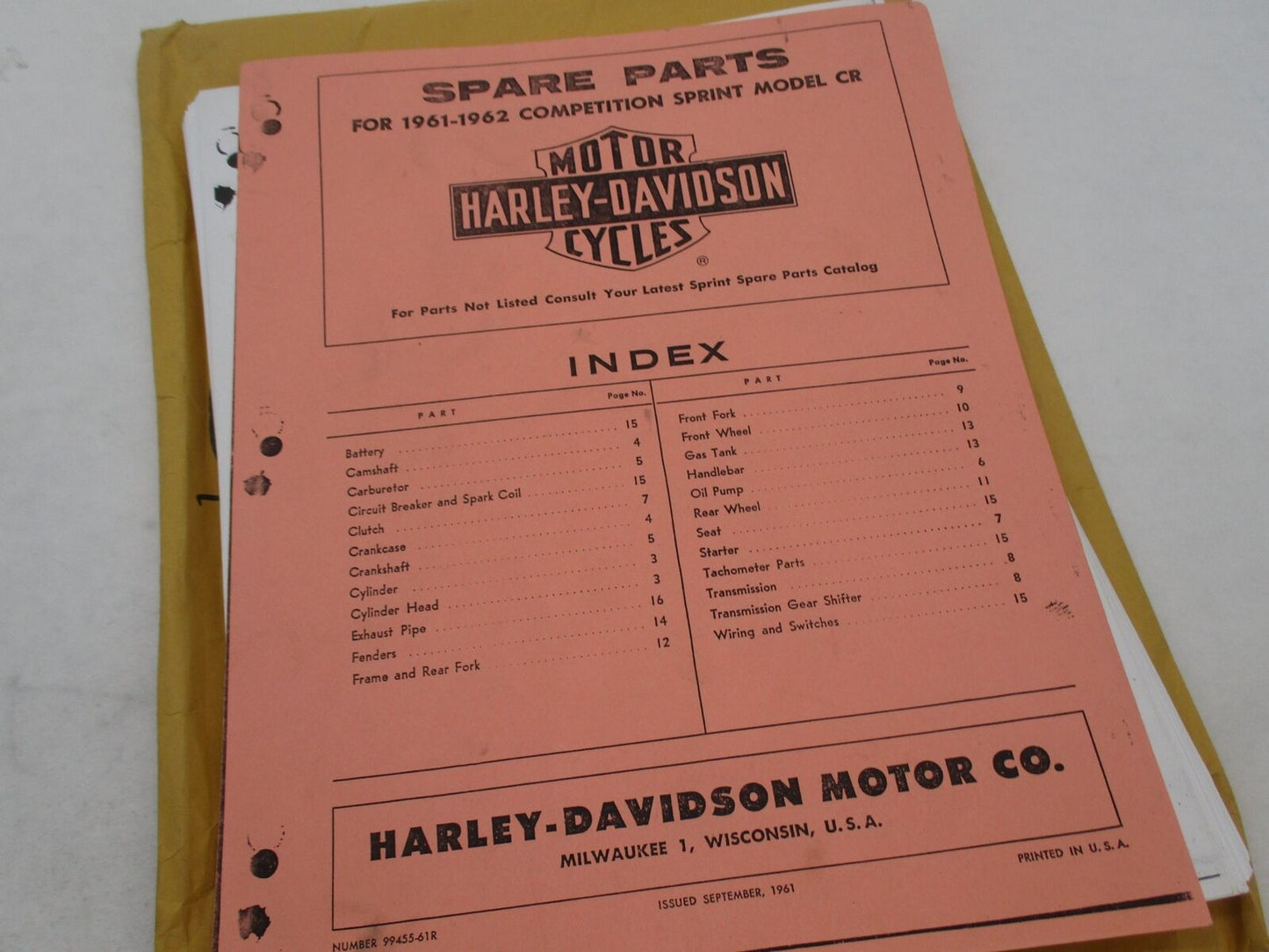 Photocopied Harley Davidson 1961-1962 Motorcycle Spare Parts Catalog 99455-61R