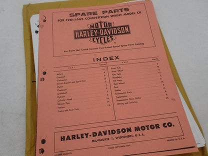 Photocopied Harley Davidson 1961-1962 Motorcycle Spare Parts Catalog 99455-61R