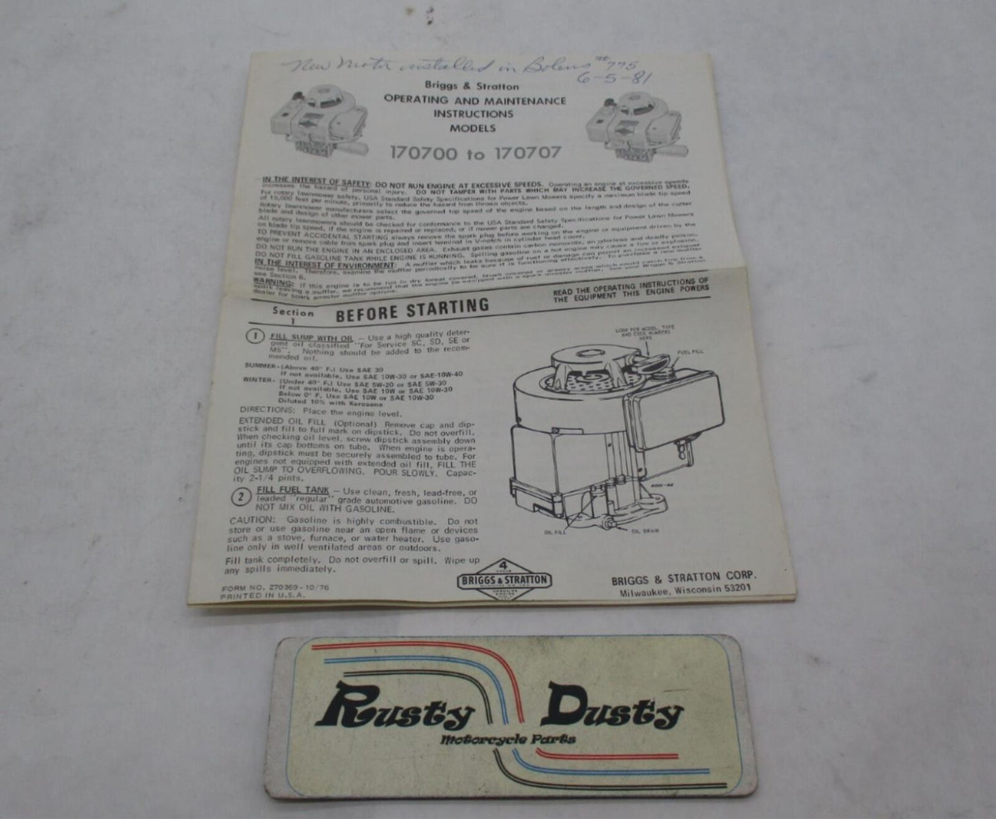 Briggs & Stratton 170700 to 170707 Operating & Maintenance Instruction Manual