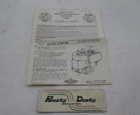 Briggs & Stratton 170700 to 170707 Operating & Maintenance Instruction Manual