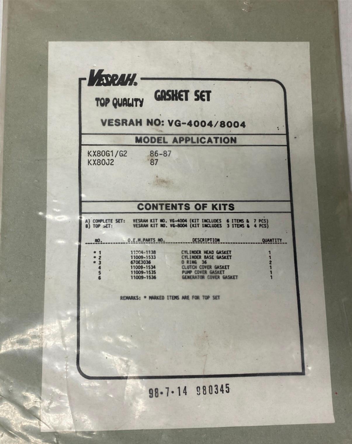 Vesrah VG-4004 8004 KX80 86-87 Gasket Set