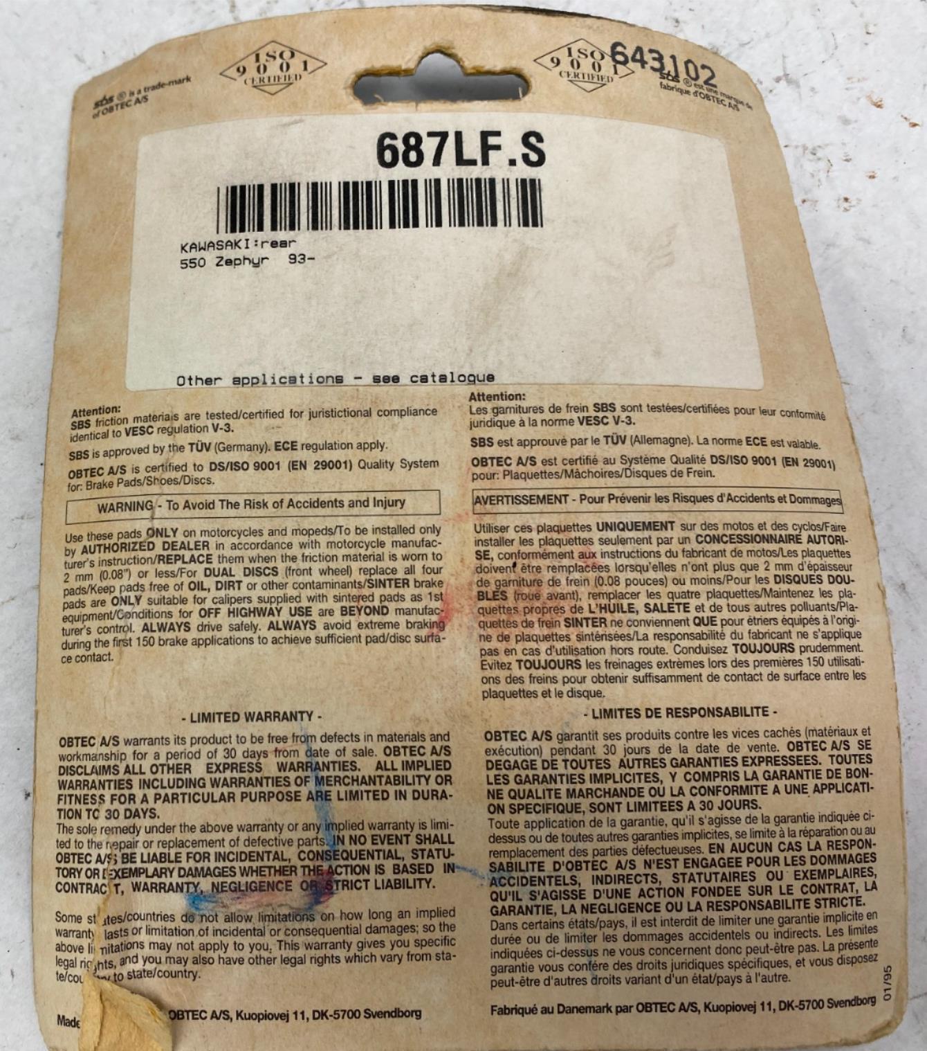 SBS Brake Pads Rear 687LF Kawasaki 550 Zephyr 93