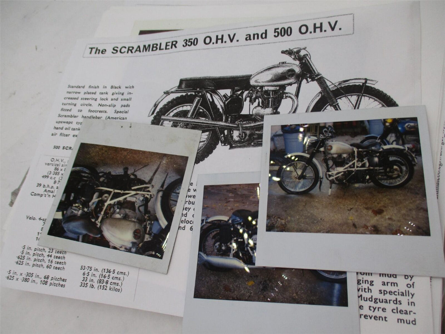 Lot of Velocette Scrambler Technical Literature Photocopies with Polaroids