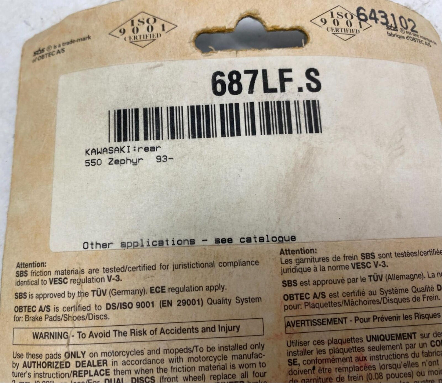 SBS Brake Pads Rear 687LF Kawasaki 550 Zephyr 93