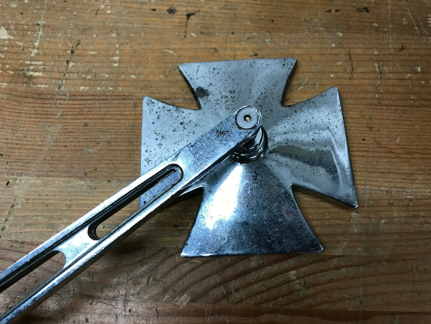 Chrome Maltese Mirror Slotted Stem Left Side Harley Used Old School Patina