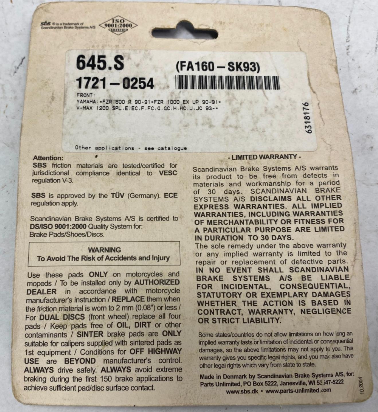Parts Unlimited 645 HF Front Brake Pads Yamaha FZR VMAX