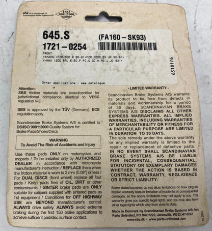 Parts Unlimited 645 HF Front Brake Pads Yamaha FZR VMAX