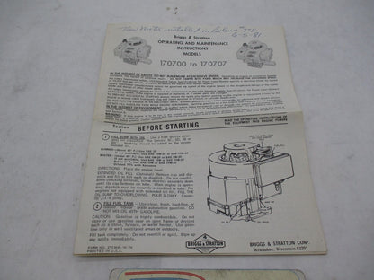 Briggs & Stratton 170700 to 170707 Operating & Maintenance Instruction Manual